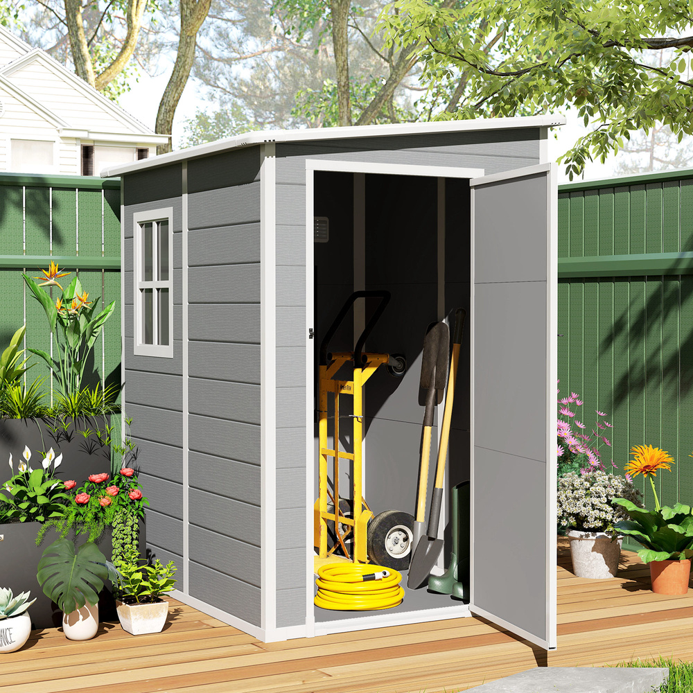 Outsunny 4'x5' Garden Storage Shed, Lean to Shed, Lockable Garden Shed with Window, Vent and Plastic Roof, Grey