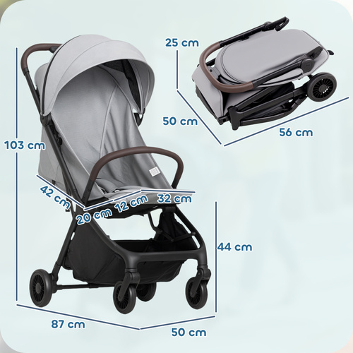 AIYAPLAY Foldable Baby Stroller with Adjustable Seat, 5-Point Harness, Canopy, Basket, 6.3kg Lightweight & Compact, Light Grey