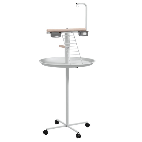 PawHut Bird Stand with Four Wheels, Perches, Stainless Steel Feed Bowls, Round Tray, for Garden, Indoor, Outdoor - White