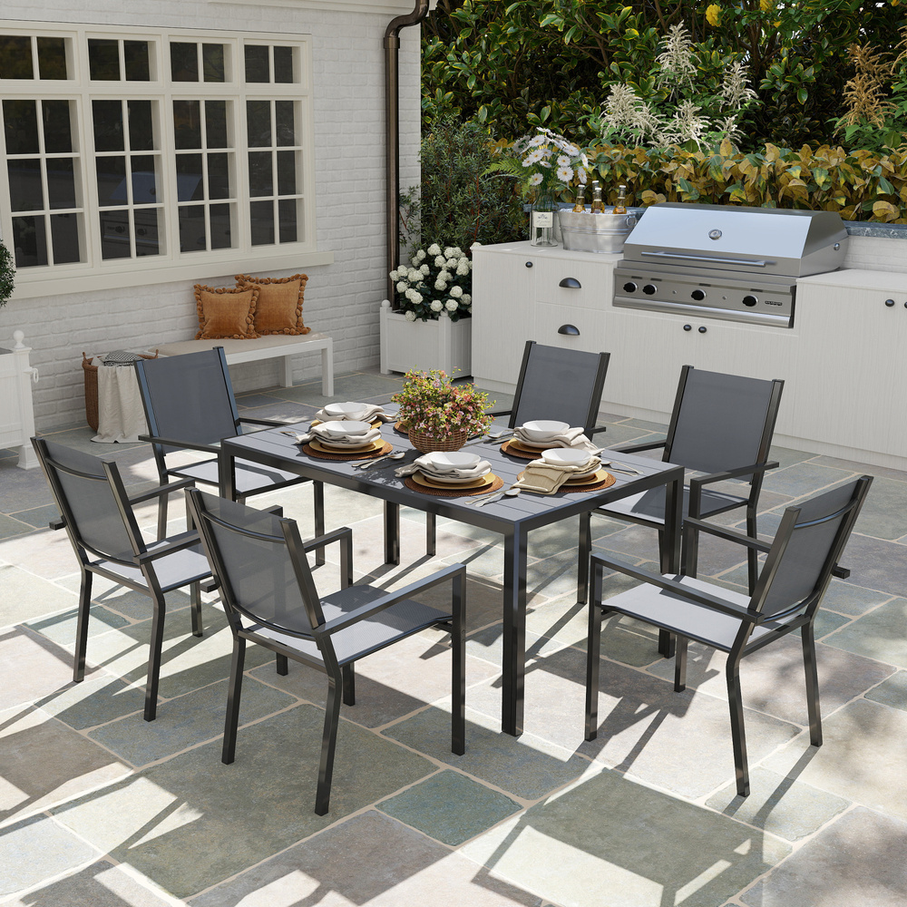 Outsunny 7 Piece Garden Dining Set, Outdoor Furniture Set with 6 Stackable Chairs and 150 cm Rectangle Table, WPC Slatted Top, Rust-Resistant Steel Frame, for Garden, Porch, Terrace