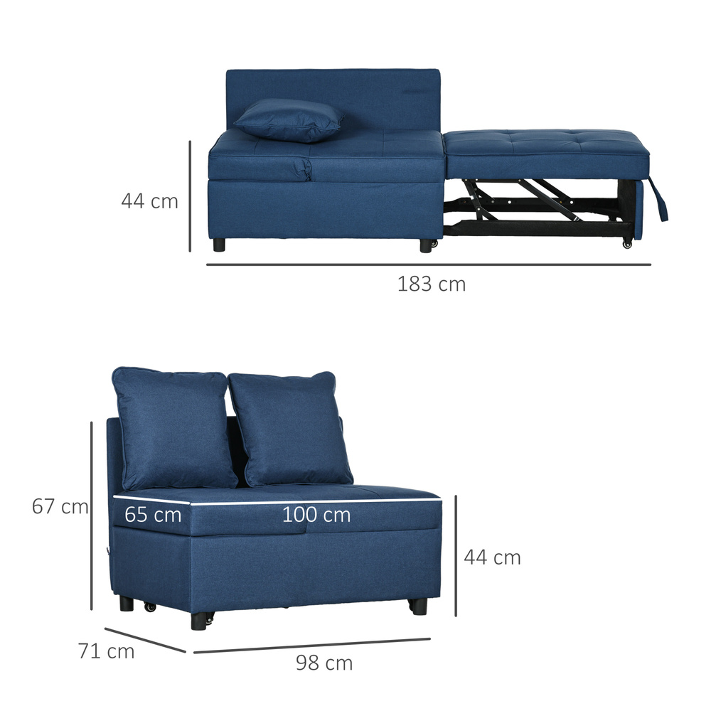HOMCOM 3-In-1 Single Sofa Bed with Thick Padded Seat & 5-position Adjustable Back for Living Room, Bedroom, Blue