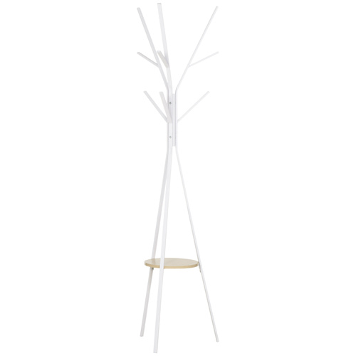HOMCOM Freestanding Metal Coat Rack Stand 9 Hooks Clothes Tree with 1 Shelf Hat Display Hall Tree Hanger Bag Umbrella Hanging Organiser White