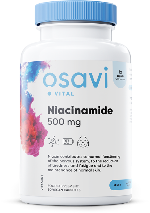 Osavi Niacinamide 500mg Redukuje Uczucie Zmęczenia Wspiera Zdrowie Układu Nerwowego i Skóry 60 Kapsułek