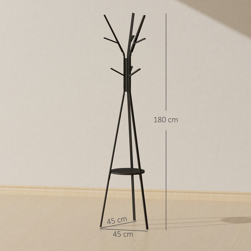 HOMCOM Freestanding Metal Coat Rack Stand 9 Hooks Clothes Tree with 1 Shelf Hat Display Hall Tree Hanger Bag Umbrella Hanging Organiser Black