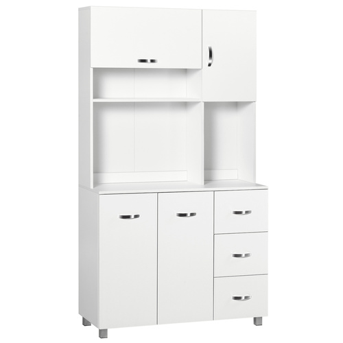 HOMCOM Kitchen Cupboard, 183cm Tall Storage Cabinet with Countertop, Sideboard with 3 Small Drawers, Flip Up Top Door, 3 Cabinet Doors and Open Shelves, 100W x 39.5D x 183.5H cm, White