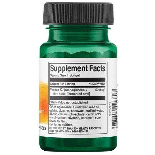 Swanson Witamina K-2 50mcg MK-7 dla Zdrowych Kości i Krzepnięcia Krwi 30 Kapsułek
