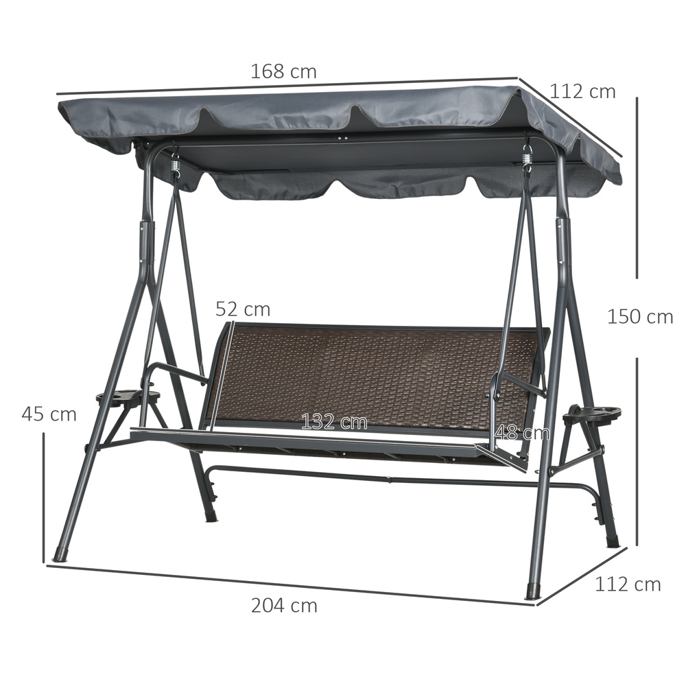 Outsunny 3 Seater Swing Chair, Garden Swing Seat Bench with Adjustable Canopy, Rattan Seat and Steel Frame for Patio, Yard, Dark Grey
