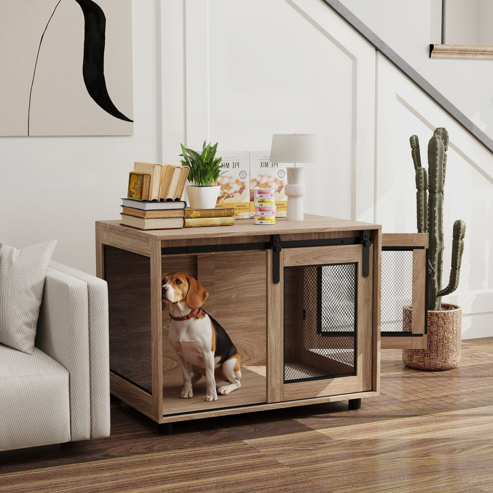 PawHut Dog Crate Furniture with Sliding Door for Medium Dogs, Brown