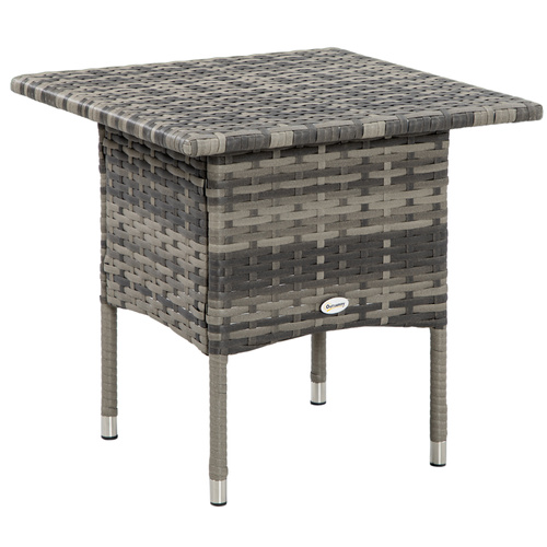 Outsunny Rattan Side Table, Outdoor Coffee Table with Plastic Board Under the Full Woven Table Top for Patio, Garden, Balcony, Mixed Grey