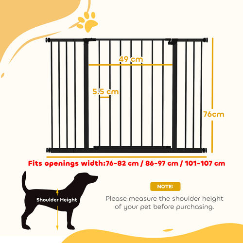 PawHut Dog Gate Pet Safety Gate Stair Barrier Pressure Mount Adjustable 76-82/86-97/101-107 cm, Black