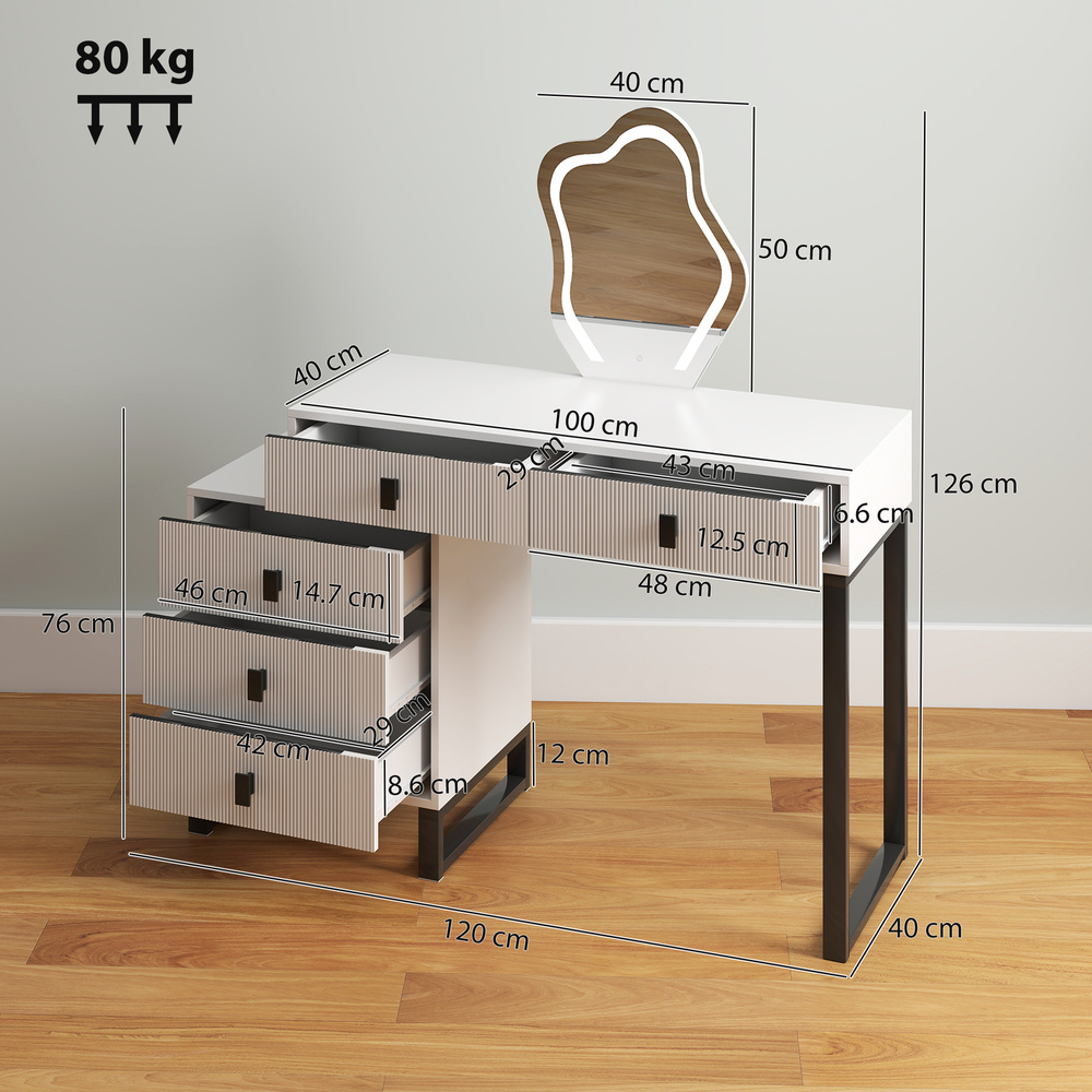 HOMCOM Dressing Table, Vanity Desk with Leaf Shape Mirror, Makeup Table with 5 Drawers, 3-Colour LED Lights, 100x40cm Tabletop, White