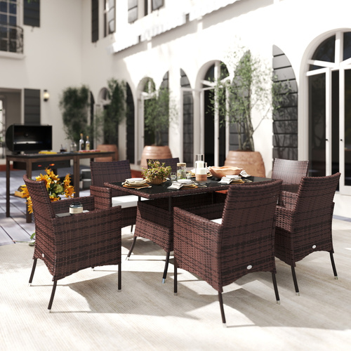 Outsunny 6 Seater Rattan Dining Set with Cushions, Rattan Garden Furniture Set with 6 Armchairs, Rectangular Glass Top Table, Outdoor Dining Table and Chairs, Brown