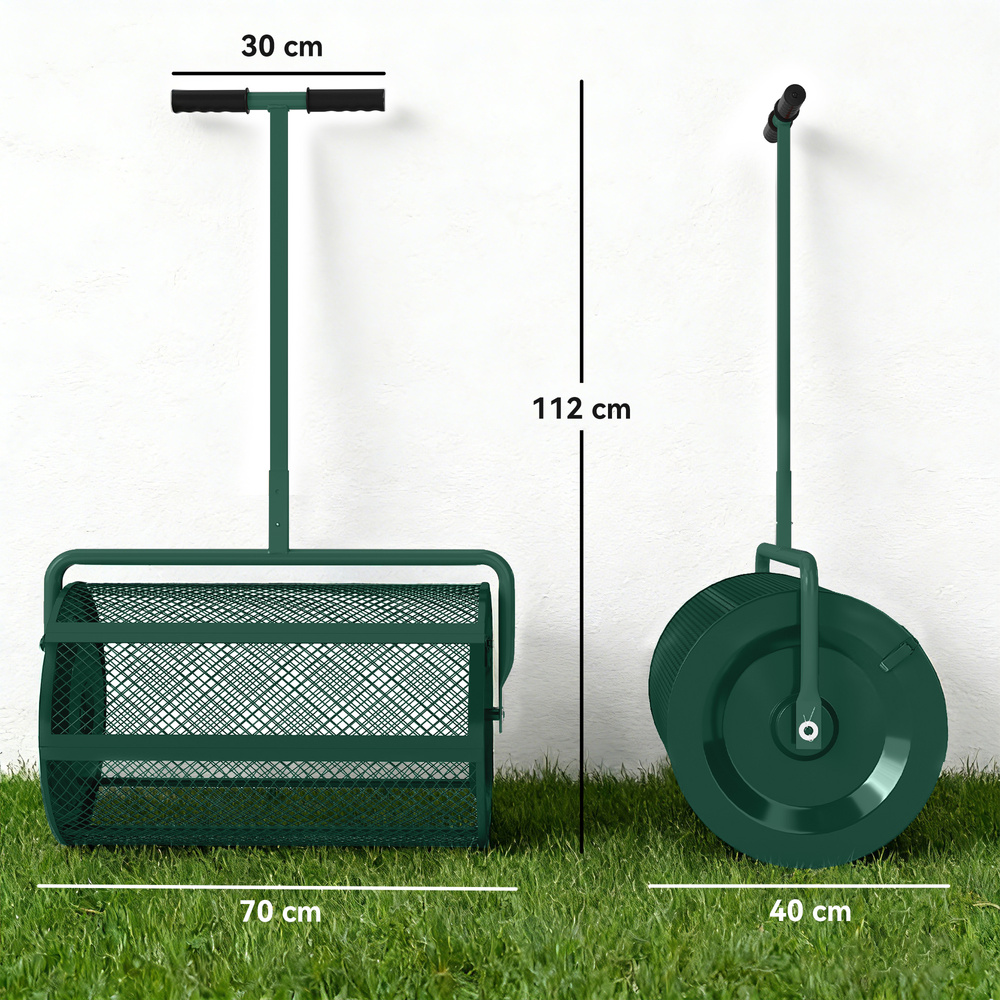 Outsunny Compost Spreader, 24" Peat Moss Spreader with Height Adjustable T Shaped Handle and Metal Mesh Basket, Garden Spreader for Seeding, Spreading Manure, Green