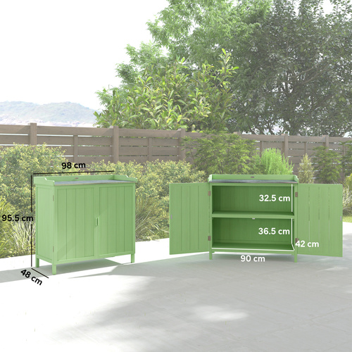 Outsunny Wood Garden Storage Cabinet, Outdoor Tool Shed, Potting Bench Table with galvanised Top and Two Shelves for garden Tools or Pool Accessories, Green