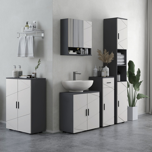 kleankin Line Embossed Tall Bathroom Storage Cabinet with Three-position Adjustable Shelves for Minimalist Style - Grey