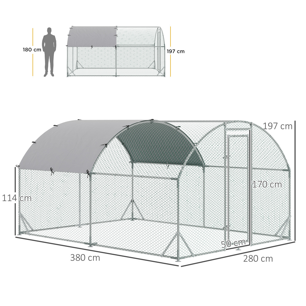 PawHut Walk In Chicken Run Galvanised Chicken Coop Hen Poultry House Cage Pet Playpen Garden with Water-Resist Cover, 2.8 x 3.8 x 2m