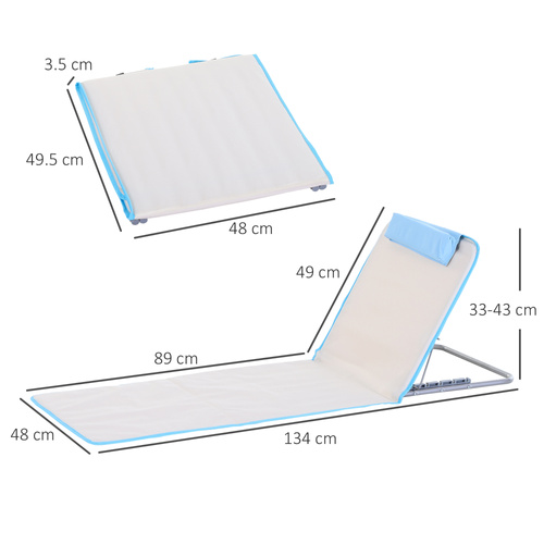 Outsunny Set of 2 Foldable Garden Beach Chair Mat, Lightweight Outdoor Sun Lounger Seats with Adjustable Back, Metal Frame, PE Fabric Head Pillow and Carry Bag, Cream White