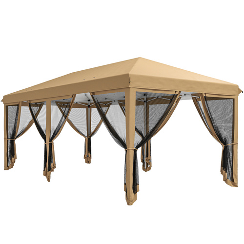 Outsunny 3 x 6m Pop Up Gazebo, Outdoor Canopy Shelter, Marquee Party Wedding Tent with 6 Mesh Walls and Carry Bag, Beige
