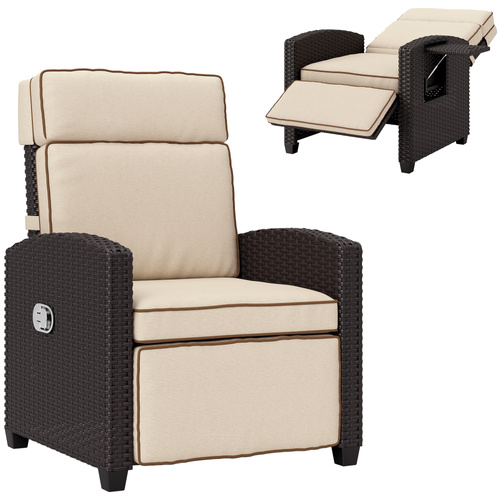 Outsunny 145° Reclining Rattan Armchair, with Footrest - Brown/Khaki