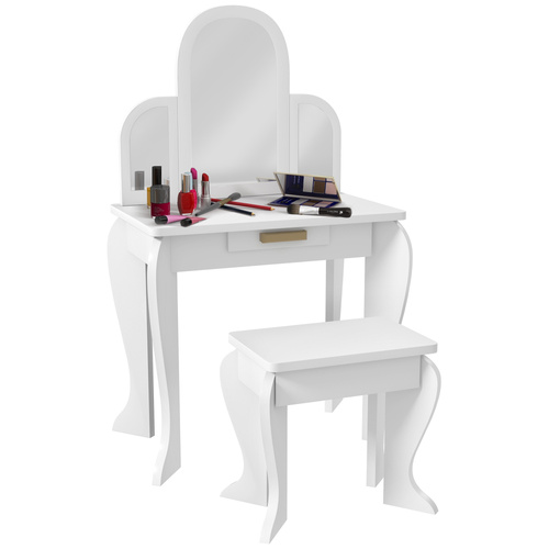 HOMCOM Kids Dressing Table Set, with Mirror and Drawer - White