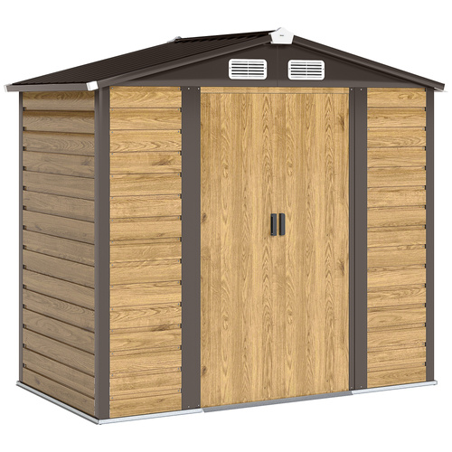 Outsunny 7 x 4ft Garden Shed, Easy to Assemble, Upgraded Galvanised Steel Frame with Foundation Kit, Double Doors with Lock, Outdoor Metal Shed with Vents and Gloves, Garden Storage Shed, Natural