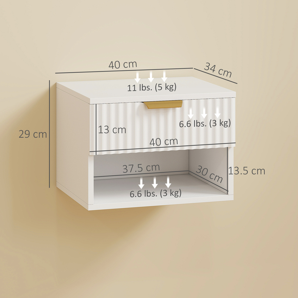 HOMCOM Floating Nightstands Set of 2, Modern Wall Mounted Bedside Tables with Fluted Drawer and Open Shelf for Bedroom, White