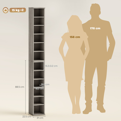 HOMCOM Set of 2 CD Media Display Shelf Unit Tower Rack with Adjustable Shelves, Mocha Wood Effect