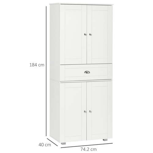 HOMCOM 184cm Tall Kitchen Cupboard, Freestanding Kitchen Pantry Storage Cabinet with 4 Doors, 3 Adjustable Shelves, Drawer, Anti-tipping Device, Sideboard Organiser for Dining Room, Living Room, White
