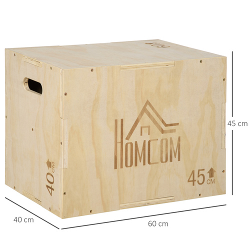 HOMCOM 3-in-1 Wooden Plyo Box, Plyometric Jump Box with Handle Openings for Home Gym, Workout Training, 45 x 40 x 60 cm, Natural
