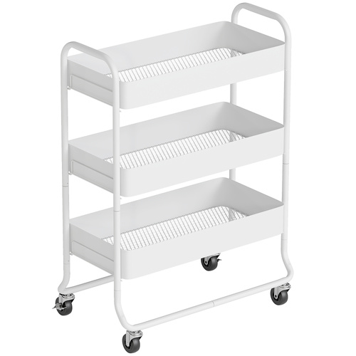 HOMCOM 3-Tier Storage Trolley on Wheels, Rolling Utility Cart with Mesh Backets for Kitchen, Bathroom, Bedroom, White