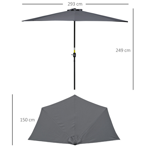 Outsunny 3(m) Half Parasol Semi Round Umbrella Patio Metal Frame Crank Handle for Balcony-- NO BASE INCLUDED, Grey