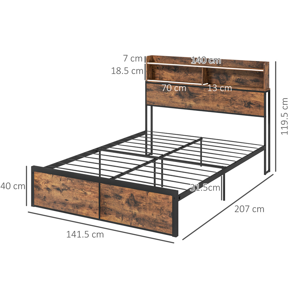 HOMCOM Industrial Double Bed Frame with Storage Headboard & Under-Bed Space – Robust Steel Base, 4.8 ft Double Bed, Rustic Brown