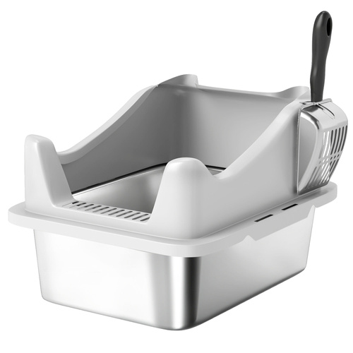 PawHut Stainless Steel Cat Litter Box with High Sides, Metal Scoop, 43 x 33 x 25 cm