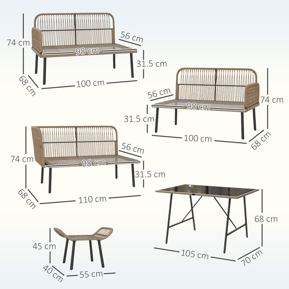 Outsunny 6 Piece Rattan Garden Furniture Set, 8 Seater Garden Corner Sofa with Cushions and Glass Top Table, Sectional Outdoor Furniture Conservatory Set for Patio, Cream White