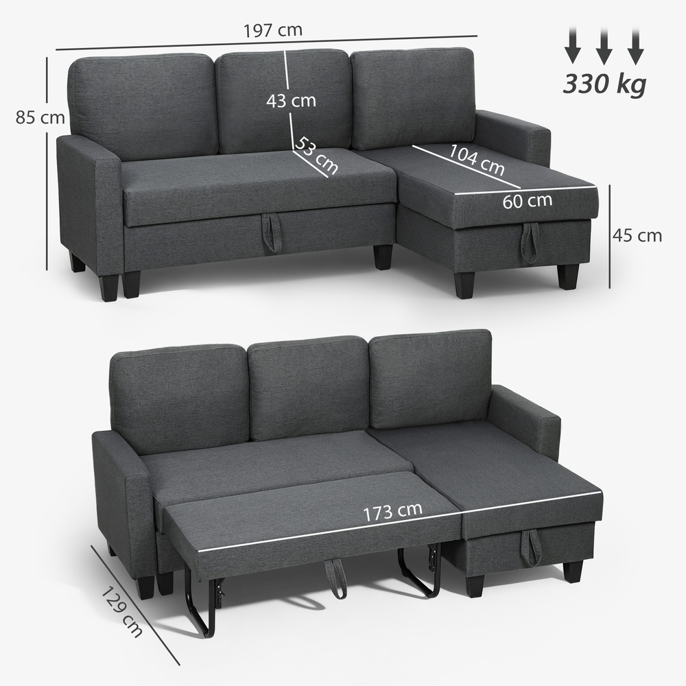 HOMCOM Three-Seater Storage Sofa Bed - Charcoal Grey