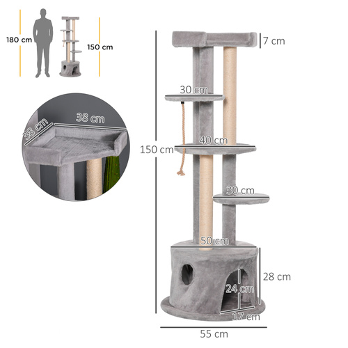 PawHut Cat Tree for Indoor Cats Kitten Tower Multi-level Activity Centre Pet Furniture with Scratching Post Condo Hanging Ropes Plush Perches Grey