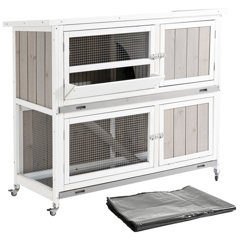 PawHut Wooden Pet Hutch, Two-Tier Cage with Rain Cover, Wheels, White
