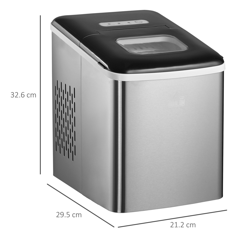 HOMCOM Ice Maker Machine Countertop, 9 Ice Cubes in 8 Mins, 12KG in 24Hrs, Self-Cleaning Portable Ice Cube Maker w/ Adjustable Ice Size, Ice Scoop, Basket, Stainless Steel, No Plumbing Required, Black