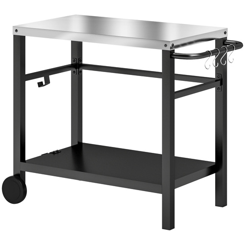 Outsunny Outdoor Grill Dining Cart 2-Shelf Movable Pizza Oven Table Stand with Stainless Steel Top, Portable BBQ Trolley Food Prep Outdoor Kitchen Barbecue Station with Hooks Wheels, Charcoal Grey