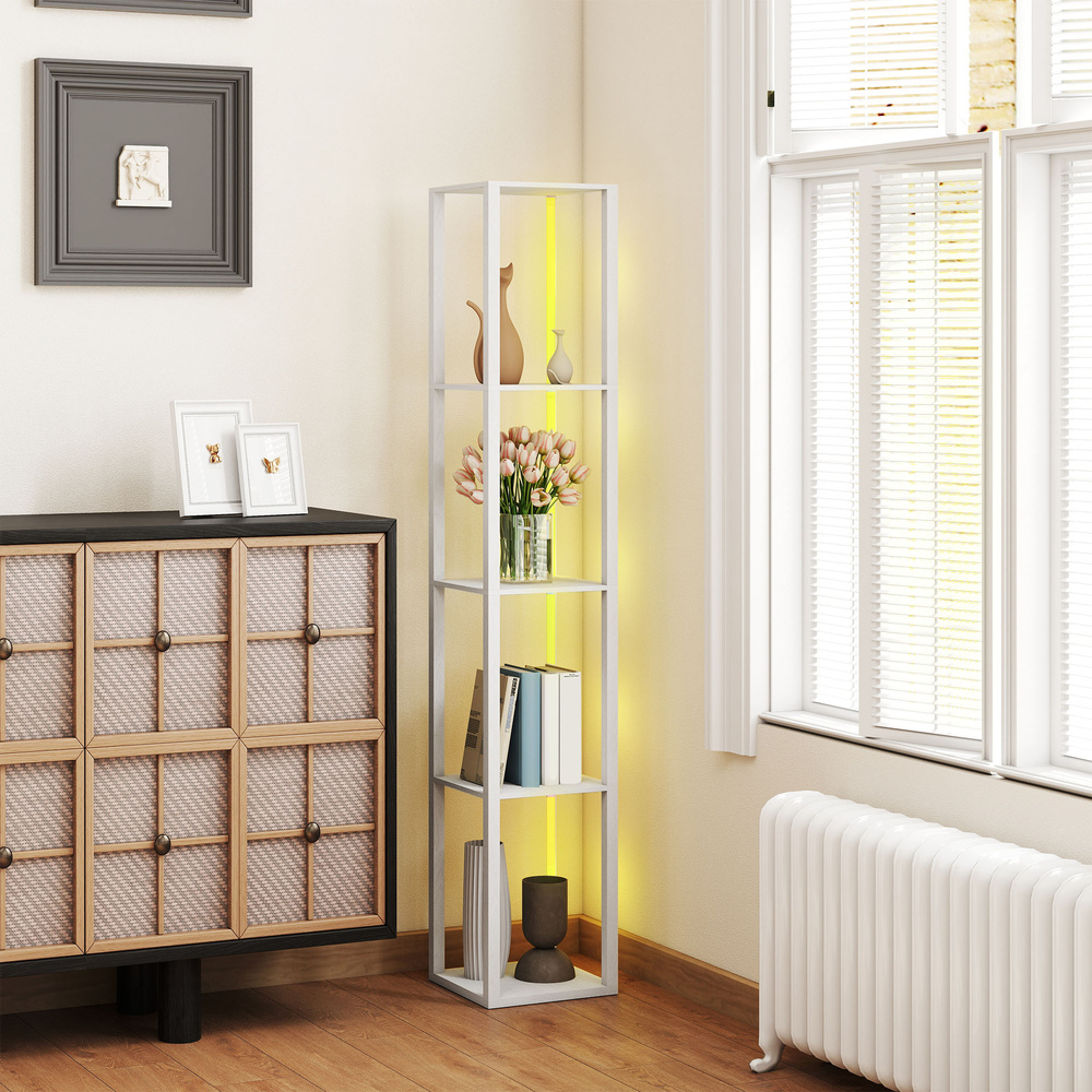 HOMCOM RGB LED Floor Lamp with Shelves, Modern Dimmable Standing Lamp with Remote Control, Adjustable Brightness & Speed for Living Room, Bedroom, Office, White