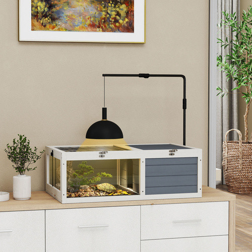 PawHut Tortoise Table with Adjustable Lamp Holder, Wooden Tortoise House w/ Openable Lids, Pull-Out Trays - Grey