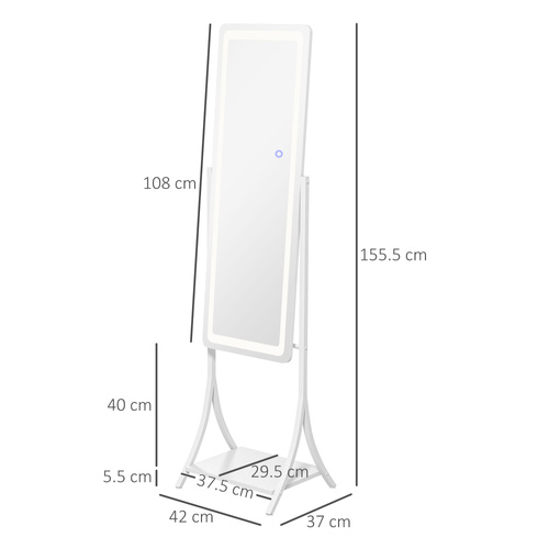 HOMCOM Free Standing Dressing Mirror with LED Lights, Full Length Mirror with 3 Temperature Colours and Storage Shelf