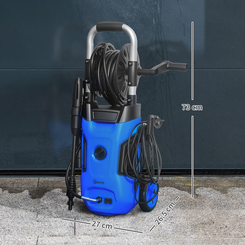 Outsunny 1800W High Pressure Washer, 150 Bar Pressure, 420 L/h Flow, Portable Power Washer Jet Wash Cleaner with Adjustable Nozzle, 6M Hose, Hose Reel, Steel Handle for Home Patio Car Driveway, Blue