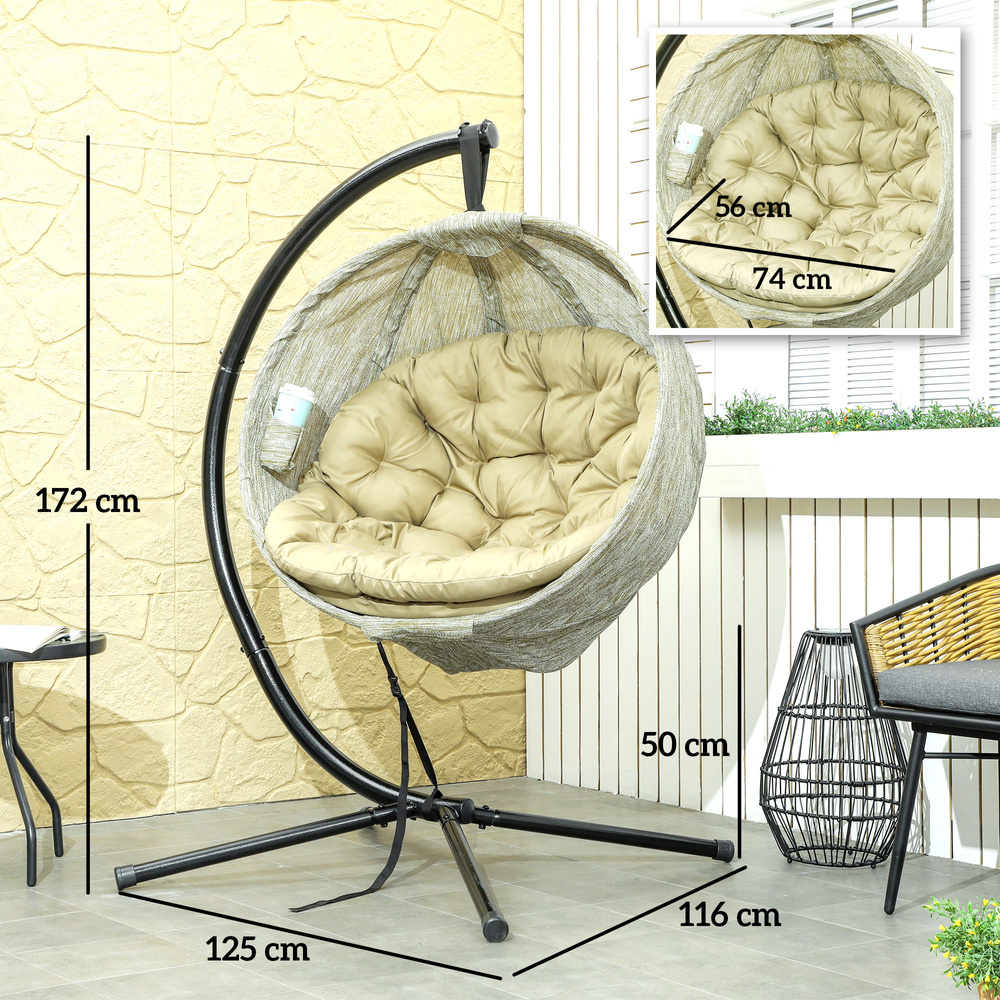 Outsunny Hanging Egg Chair Outdoor Indoor Garden Swing Chair with Folding Basket, Thickened Cushion, Cup Holder for Patio, Balcony, Khaki