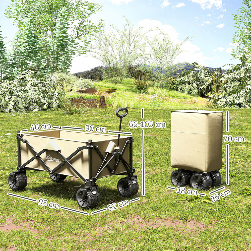 Outsunny Folding Garden Trolley, Outdoor Wagon Cart with Carry Bag, for Beach, Camping, Festival, 120KG Capacity, Khaki