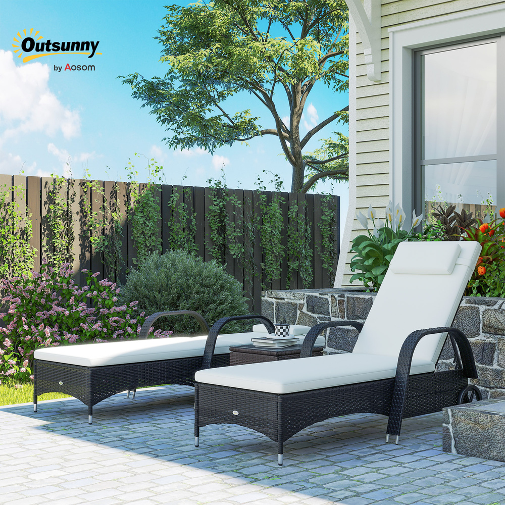 Outsunny 2 Seater Rattan Sun Lounger Set with Side Table Black