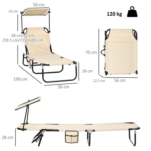 Outsunny 2 Piece Folding Sun Loungers with Canopy, Adjustable Recliner Garden Chairs with Side Pocket, Steel Frame and Breathable Mesh for Outdoor, Pool, Beach, Garden, Tan Brown