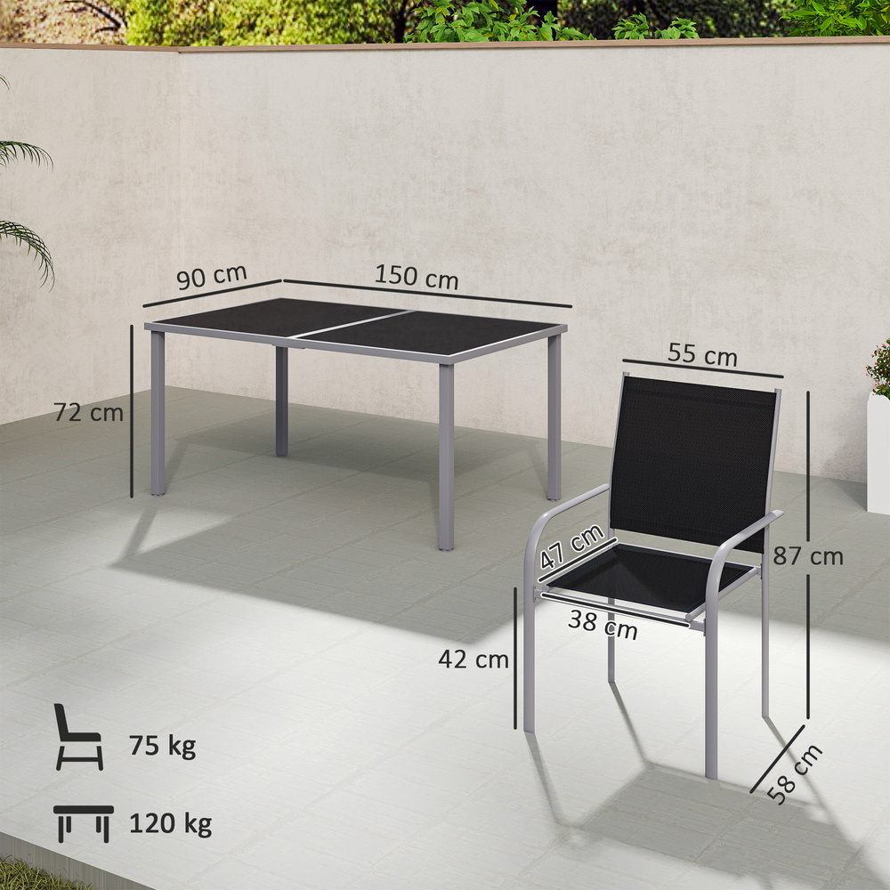Outsunny 7 Piece Outdoor Garden Dining Set with Table and 6 Stackable Chairs, Steel Frame, Tempered Glass Top, Mesh Seats, Black