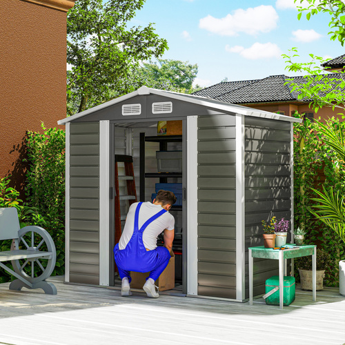 Outsunny 7 x 4ft Garden Shed, Easy to Assemble, Upgraded Galvanised Steel Frame with Foundation Kit, Double Doors with Lock, Outdoor Metal Shed with Vents and Gloves, Garden Storage Shed, Dark Grey