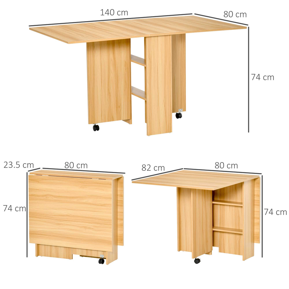 HOMCOM Folding Dining Table, Drop Leaf Table for Small Spaces, Foldable Rectangular Tabletop with Storage Shelves for Kitchen, Dining Room, Teak